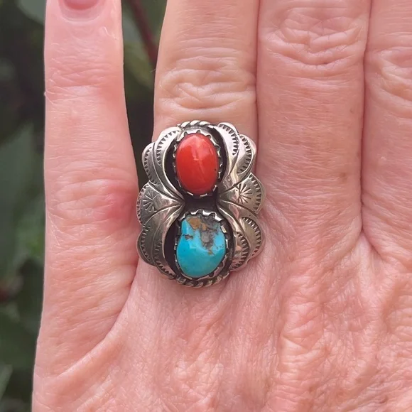 Vintage Navajo Sterling Silver Turquoise & Red Coral Ring Size 6.5 LESS ON I G - Picture 3 of 5
